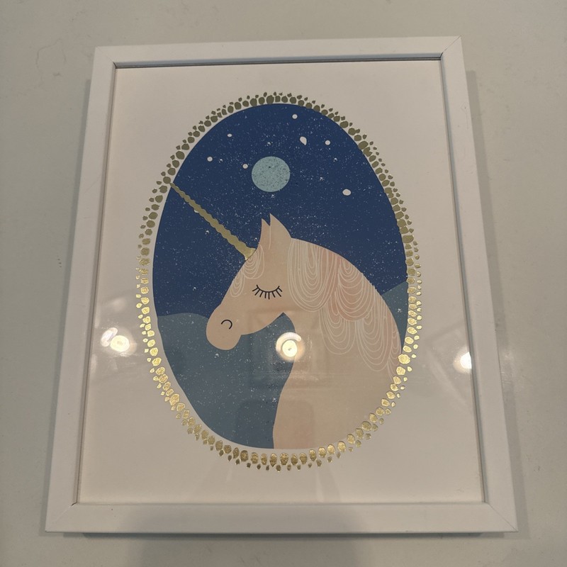 Minted Framed Light Pink Unicorn Blue Background With Gold