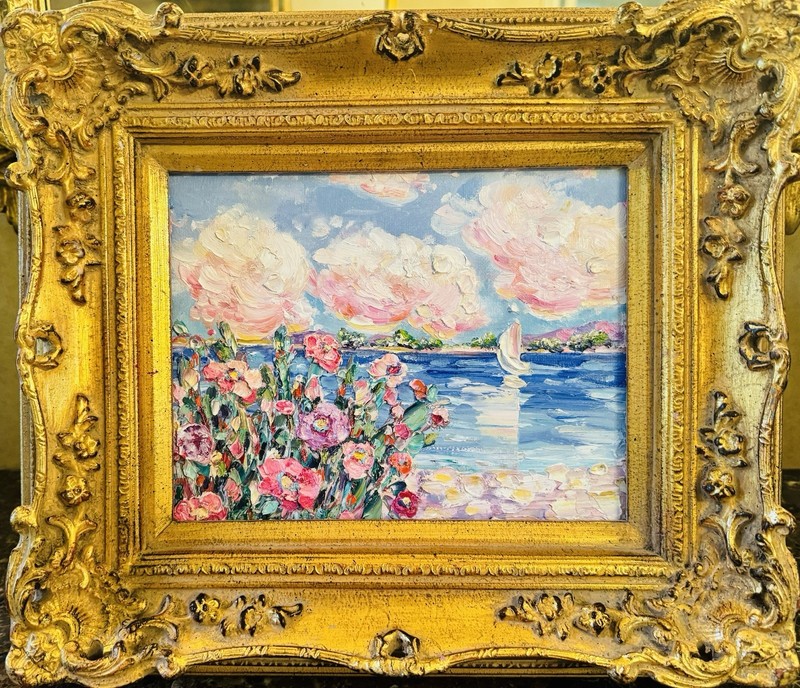 KADLIC Original Oil Painting Wildflowers Seascape Impasto Gold Gilt 15″ Frame