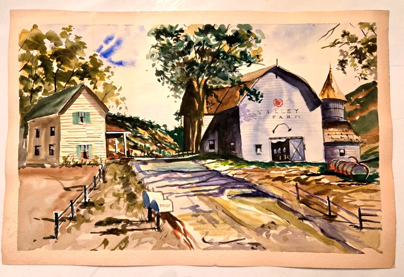 BILL WOLANSKY American 20th Century Farmhouse Barn Watercolor Both S|de Painted