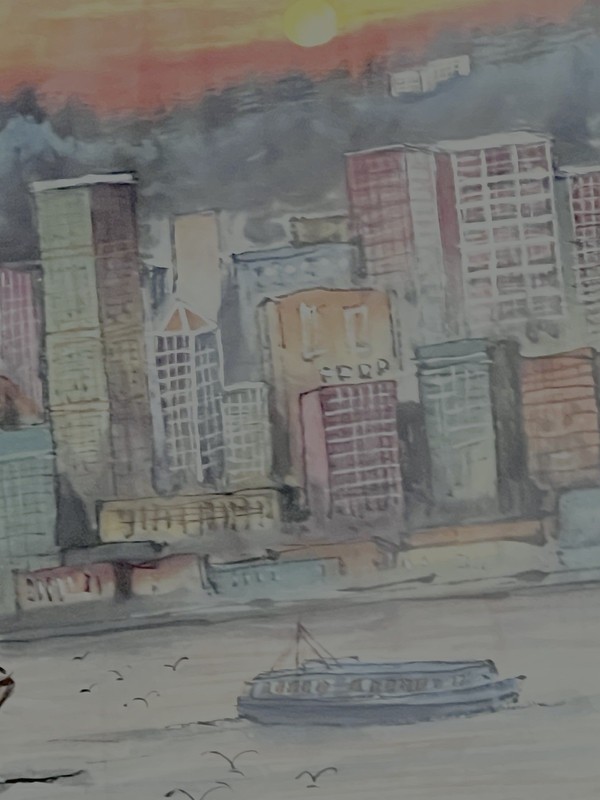 Victoria Harbour in Hong Kong Watercolor Black Frame Signed Small Art Boats City gallery
