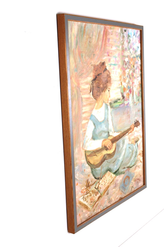 Vintage Young Lady Playing Guitar Oil Painting On Canvas Signed R Rosen 72 gallery