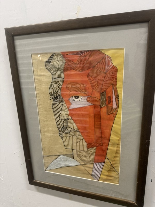 ORIGINAL ART CUBIST FACE PICASSO STYLED FRAMED IN GLASS