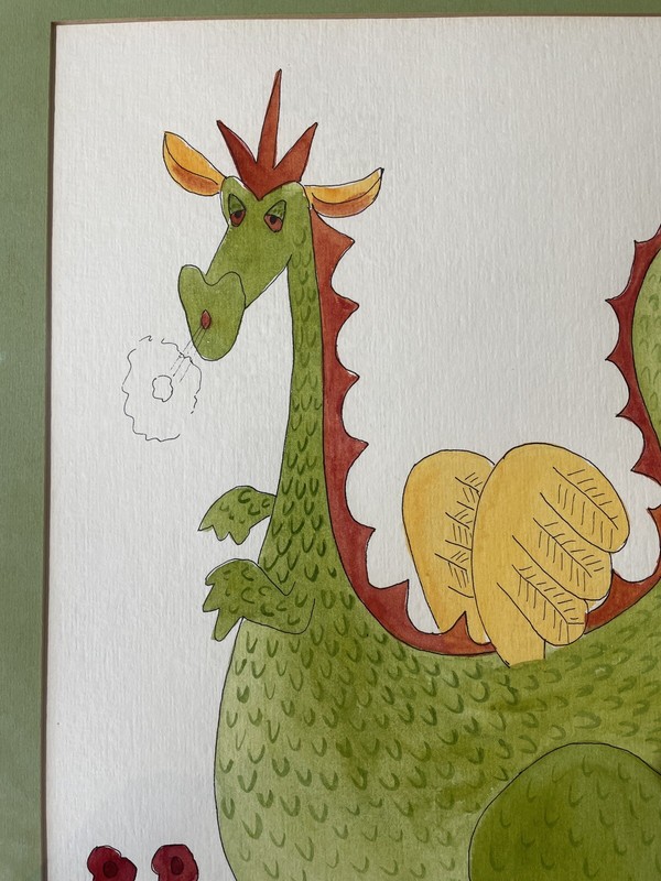 Puff The Magic Dragon Mid Century MISKO Willis Watercolor Ink Matted Framed J1 gallery