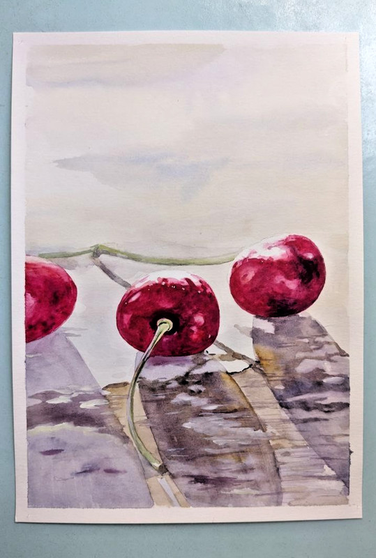 Cherry Red Berries Watercolor Nature Painting Fresh Summer Fruit Kitchen Art