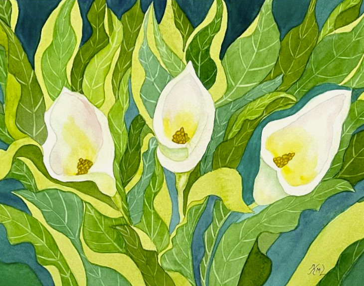PAINTING WATERCOLOR ART CALLA LILY FLOWER WHITE YELLOW 11X14 & DOUBLE MAT 16X20
