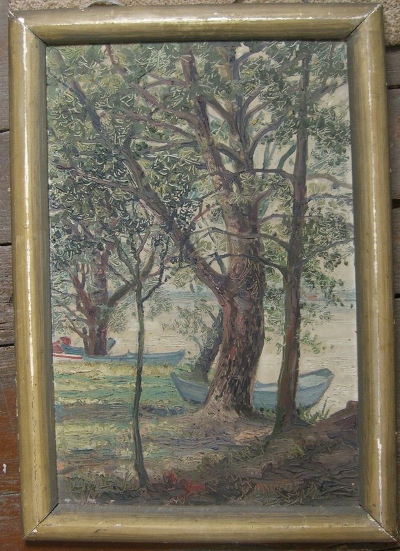 Boats At Shore Oil Painting° Kratztechnik Um 1940 Rare Natir Lake Summer Idylle
