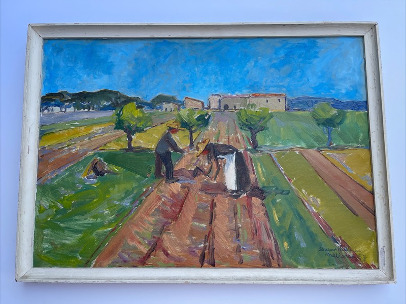 ANTIQUE Farm Farming Painting Impressionism Modernism 1950’s Mid Century Oil gallery