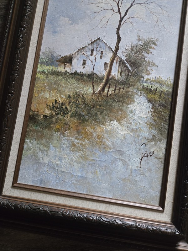 GENE Original Oil Painting on Canvas Framed Barn Farm Landscape - 19in x 31in gallery