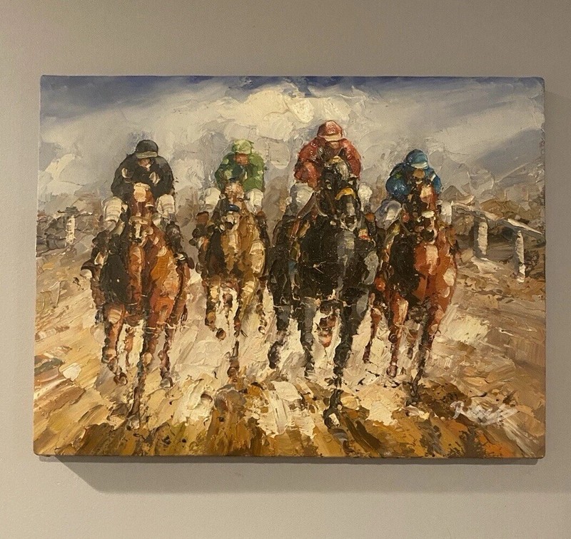 Original Oil Painting – Horse Racing Jockeys – Impasto Style Signed