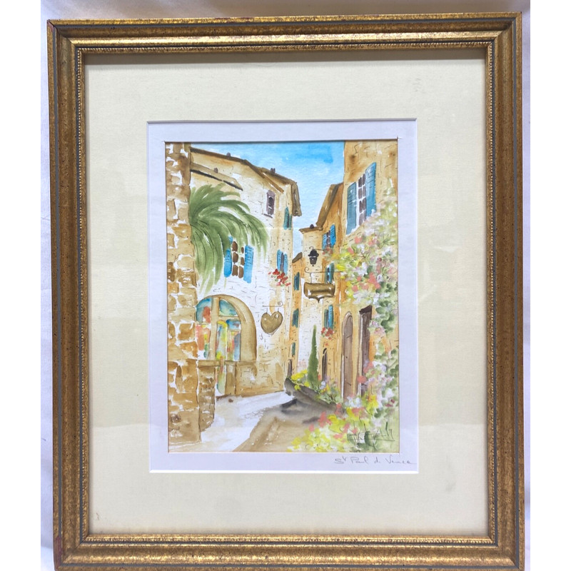 St Paul de Vence Mona Edulesco Original Watercolor 13×15″ framed