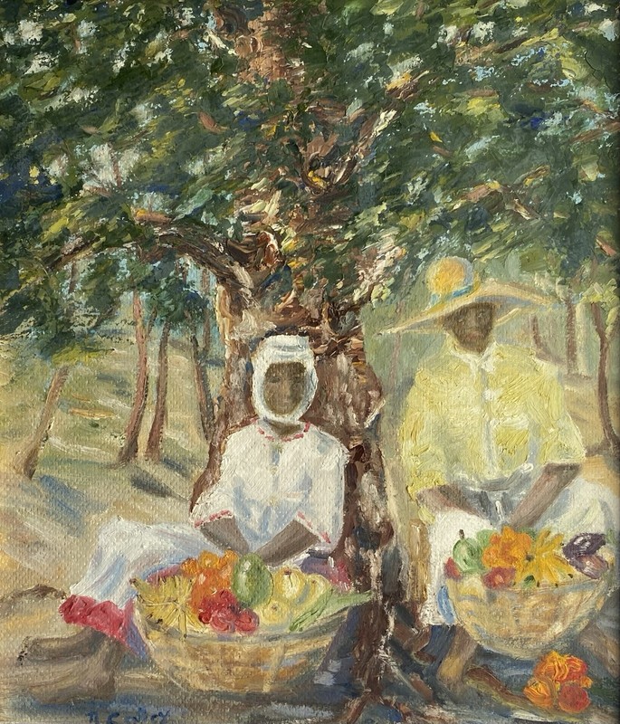 Vintage 1960s Barbados W. I. Island Businesswomen Painting by N. Calley Signed gallery