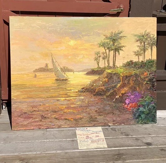 Vintage California sunset sailboat large oil painting impressionist colorful Art