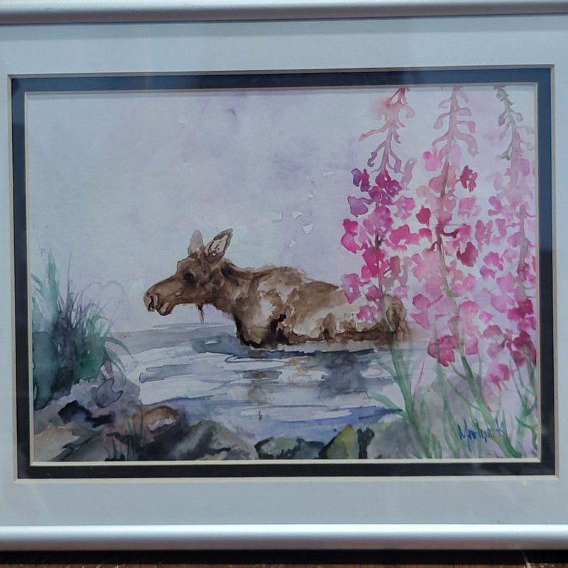 Watercolor Painting Art Print Moose in Water Pink Flower Signed MarLynk gallery