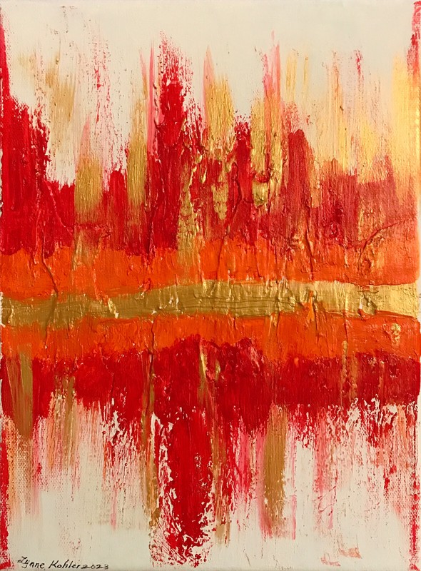 Original painting 9×12″ textured Canvas Gold Red Orange abstract by Lynne Kohler