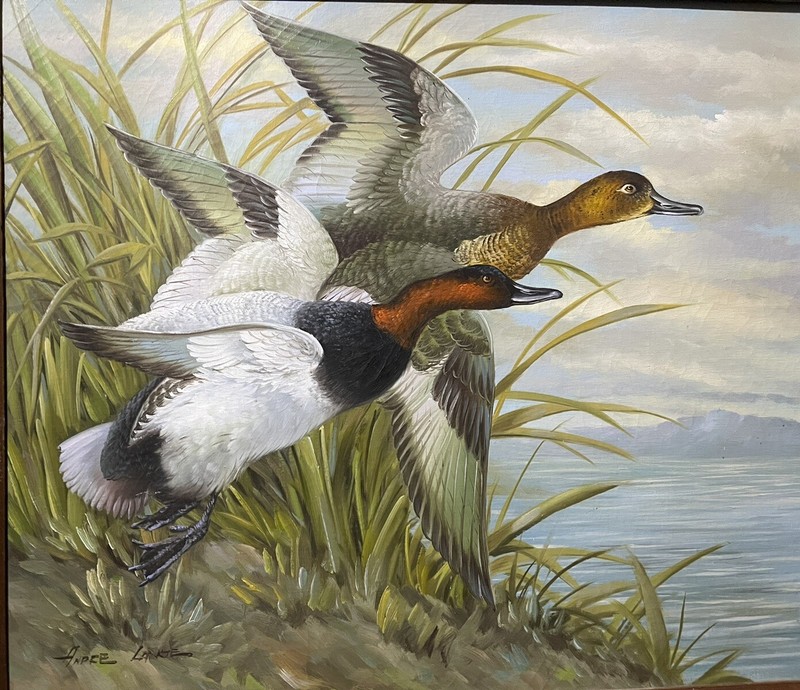 ANDRE LANGE OIL ON CANVAS Pond Lake Hunting Red Head Ducks Game Birds In Flight
