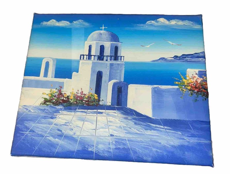 Modern Contemporary Greek Landscape Flowers Canvas 8”T 10”W Unsigned #2of3 gallery