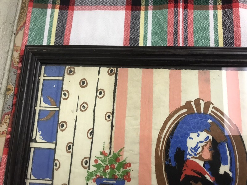 ANTIQUE VTG FRAMED CHRISTMAS PAINTING ON CREPE PAPER OR CLOTH 20 3/4 X 17 3/8” gallery