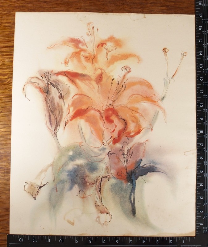 Vintage Abstract Floral Lily Flower Wall Art Watercolor Style Paper 14×17