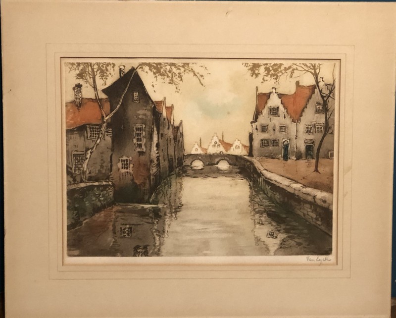 Vintage Van Eyck Canal Scene 19 1/2″ x 16″ Stone Lithograph