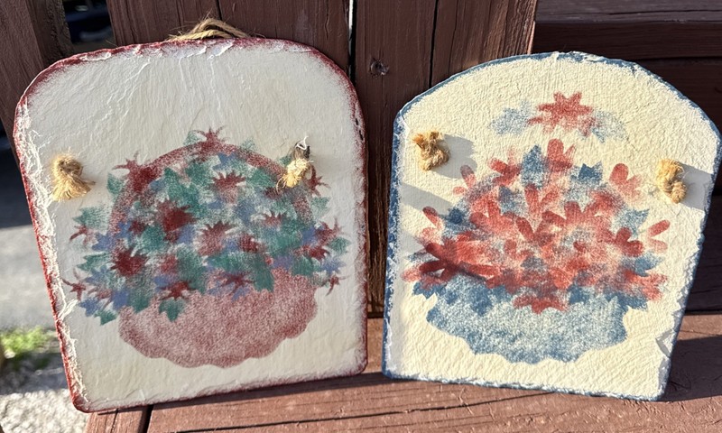 Set of 2- Folk Art Basket of flowers Paintings Slate Tile 10.5 x 8” Vintage