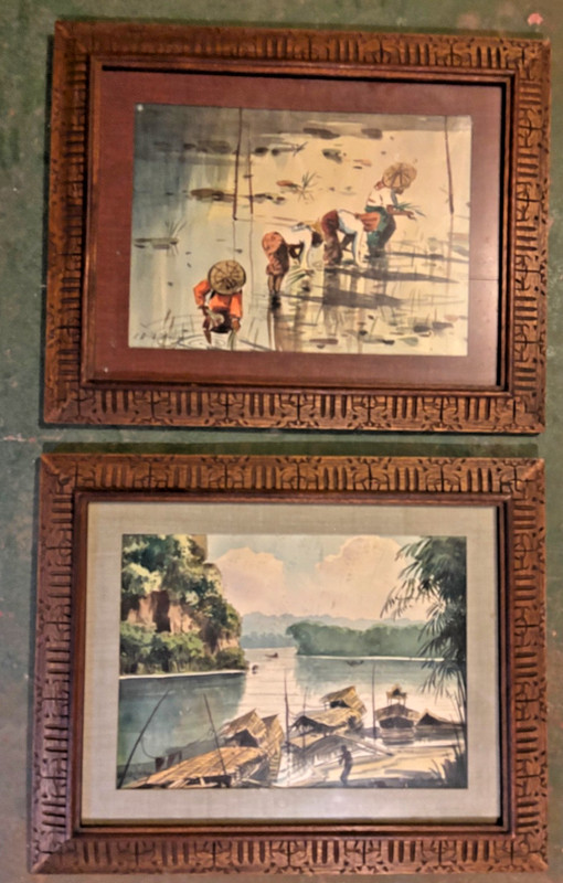 Two Original Southeast Asian Watercolors In Matching Carved Hardwood Frames
