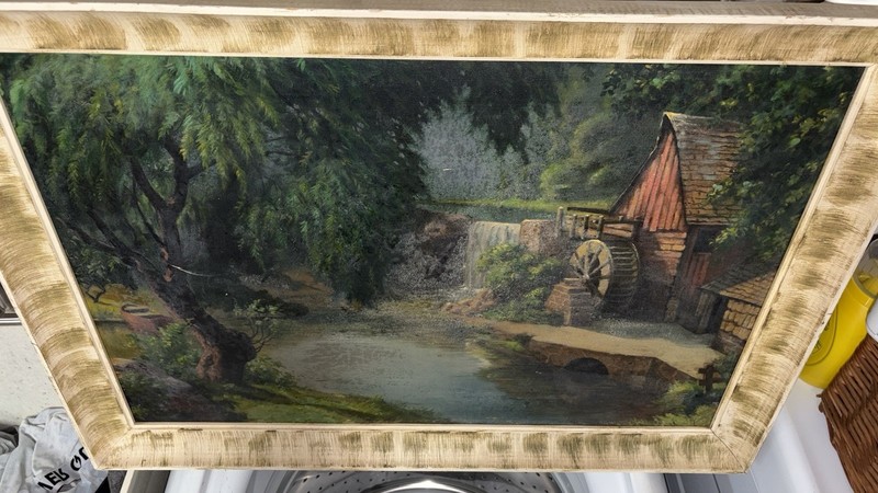 Realism, L. Musolf, Framed Landscape Painting River Waterfall Watermill Signed gallery