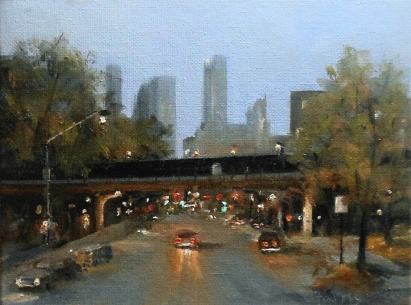 Autumn in New York City, 6×8 original oil painting, Celene Farris, Brooklyn
