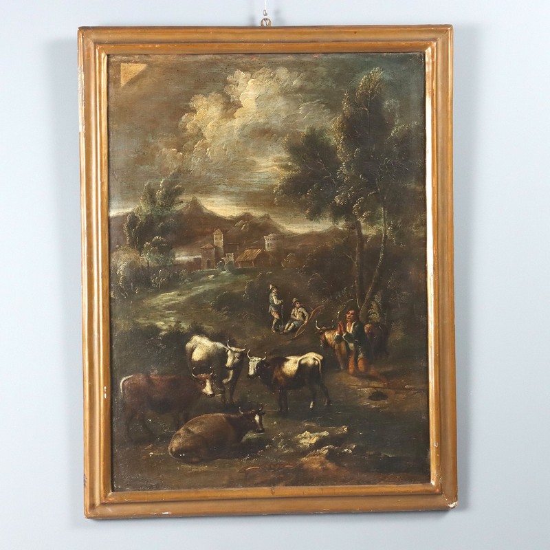 Landscape with Figures and Herd Antique Painting XVIII Century Original