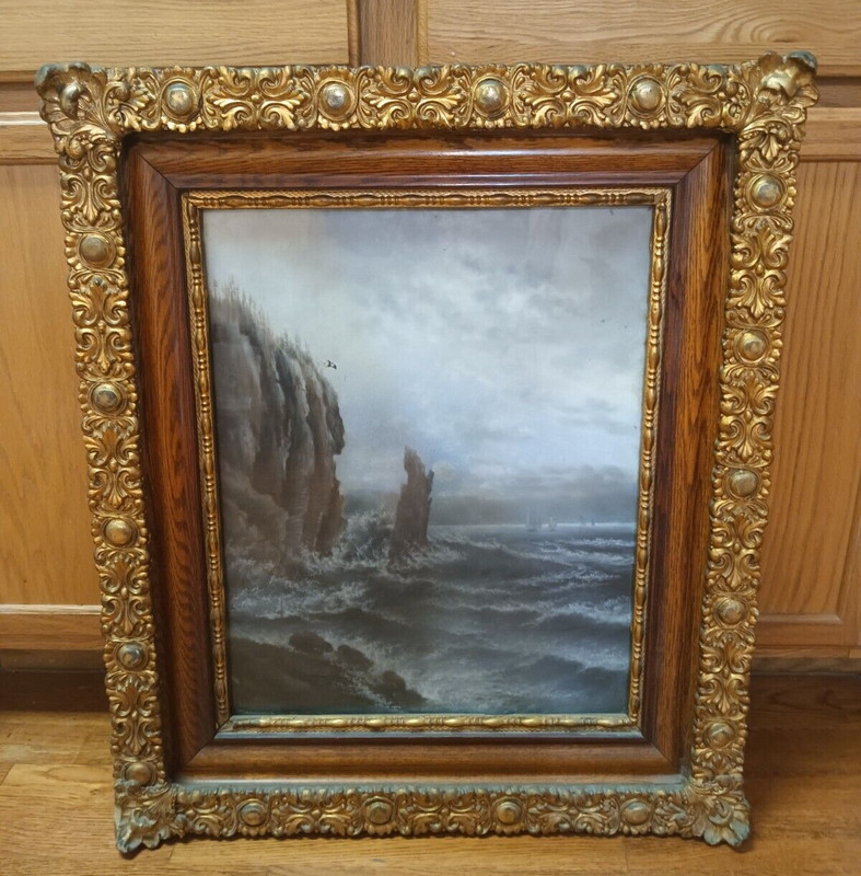 Ships in Stormy Sea Painting w/Antique Gold Tone Frame, unknown Artist, w/damage