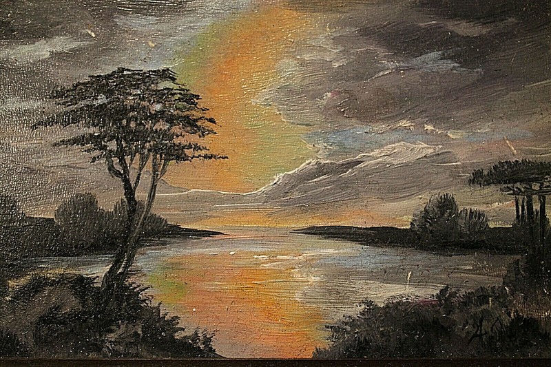 Sunrise Sunset Lake Landscape Bay Sunset Oil Painting Signed gallery