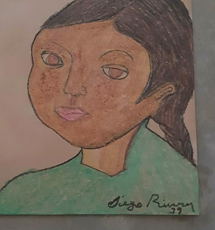 DIEGO RIVERA -NIÑA-13.5" x 11” COLOR CRAYON ON CARDBOARD PAINTING gallery