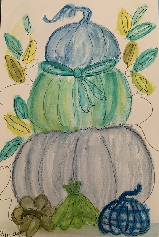 New Blue & Green Water & Ink Halloween Pumpkins Painting Moody Virgo Original