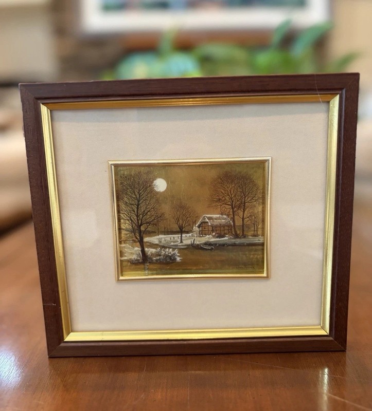 Vintage Signed Dino Fontana Gold Foil Painting Framed Mid Century Winter Scene