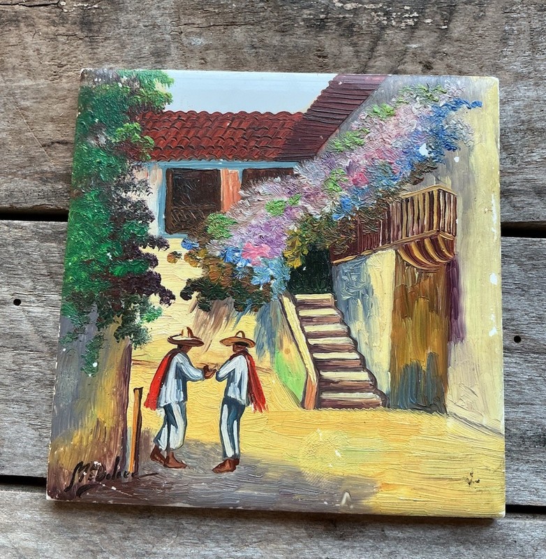 Ladrillera Monterrey Vintage Tile hand painted Art SIGNED G Rosales Mexico OOAK