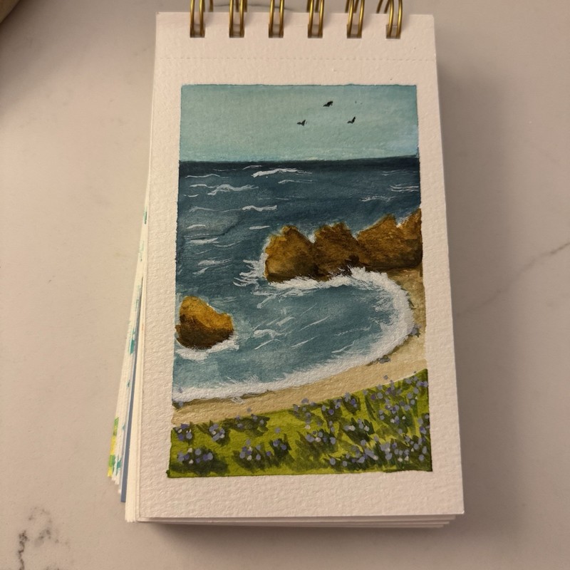 Small Contemporary Seascape Painting on Paper, Ocean Beach Rocks Sky, Unframed gallery