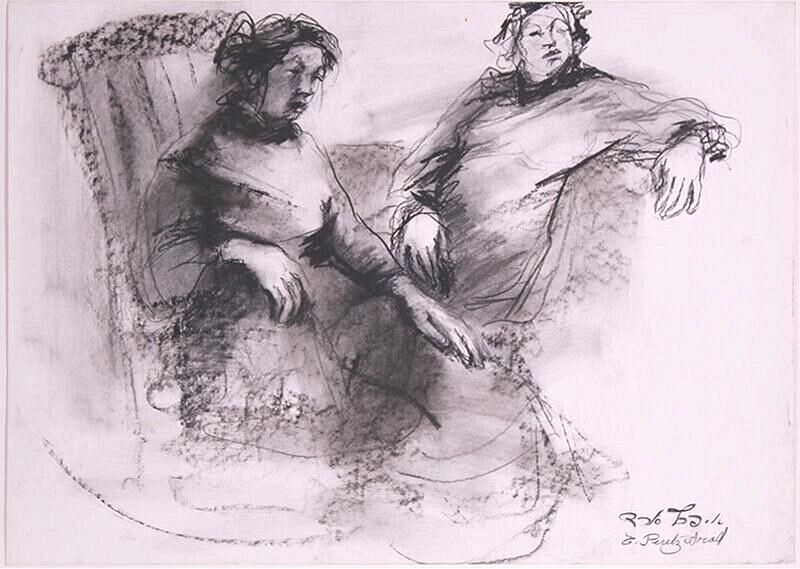 Esther Perez-Arad (1921-2005) TWO WOMEN, Charcoal Drawing Original Artwork