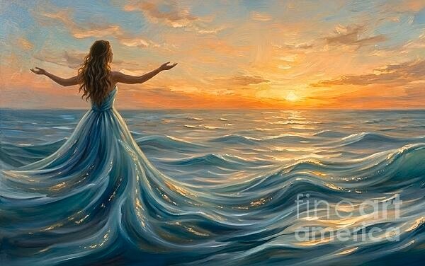 new handmade Painting on 20″x 32″ canvas WOMAN EMBRACING OCEAN SUNSET by Wendy