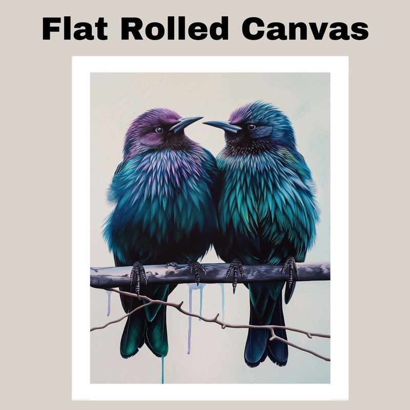 Teal and Purple Bird Pair Art on Backdrop Flat Rolled, Framed or Wrapped Canvas gallery