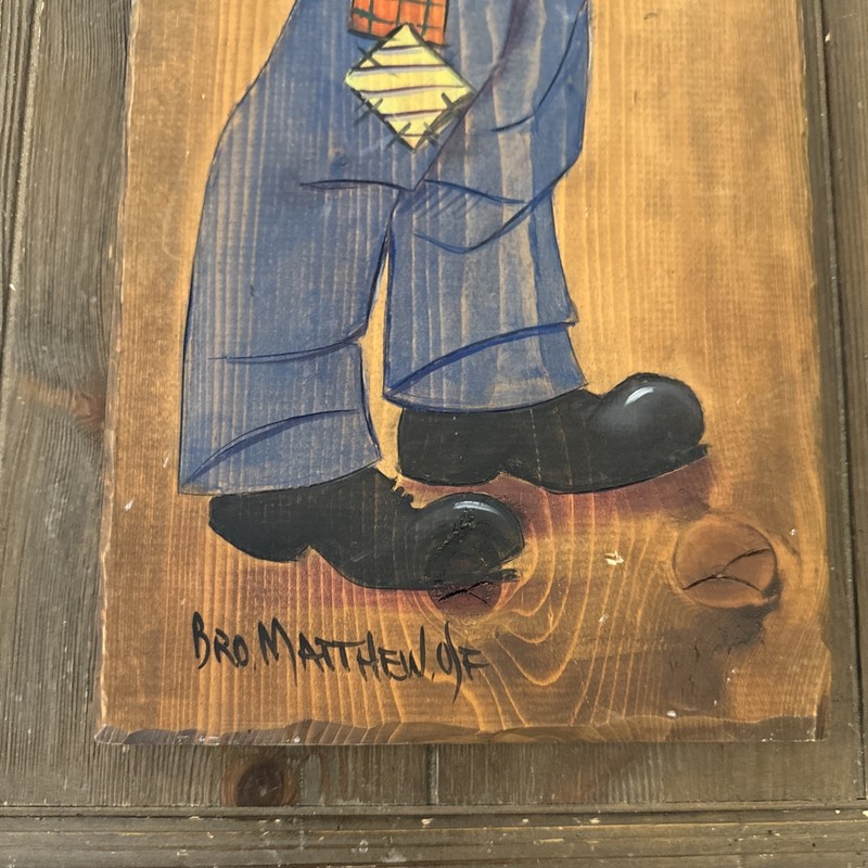 VTG Brother Matthew OSF Clown Painting Signed Barn Wood Plank MCM Rustic 26x9” gallery