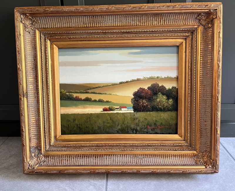 Large 21″x25″ Landscape Oil Painting in Ornate Gilded Frame Signed by Henry Kim