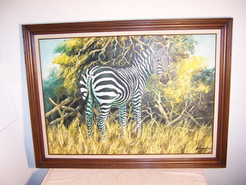 Large Nicely Framed Vintage Zebra Oil Painting Signed S. Benedicto #1