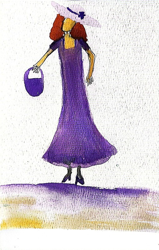 Lady In Purple Dress Contemporary Expressionist Original Watercolor Painting 5×7