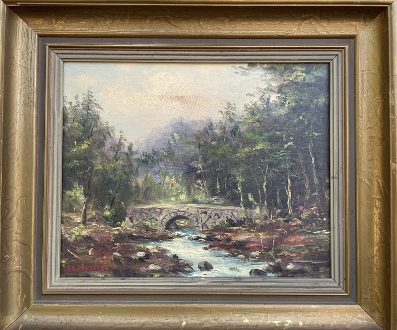 NATURALIST LANDSCAPE WITH RIVER BRIDGE BANK STONES TREES MOUNTAINS SKIES SWEDEN
