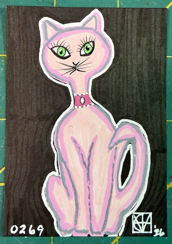 ACEO Painting by M. Hackney Pink Cat Acrylic Marker Ink Signed Original 2.5×3.5″