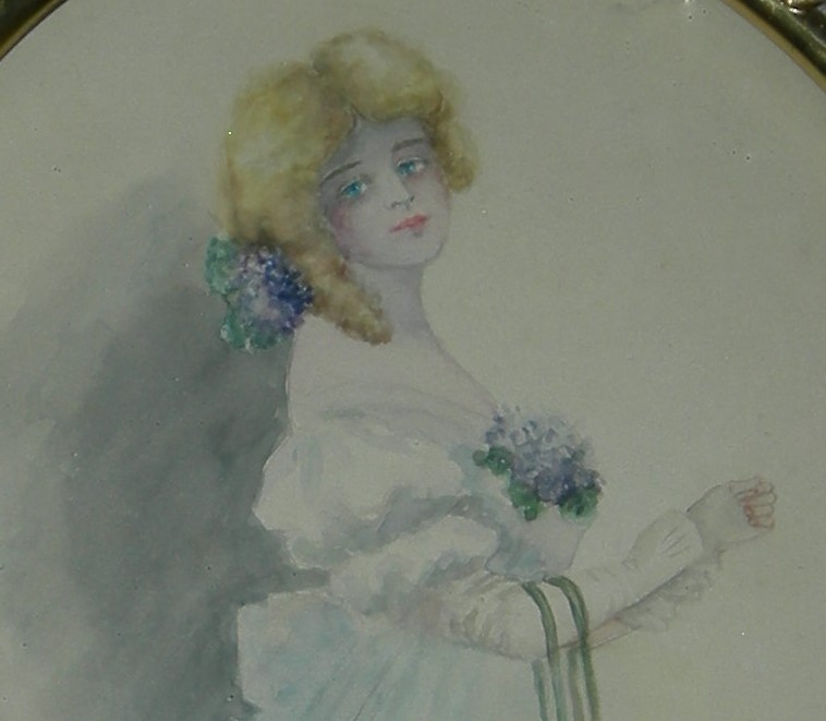 VICTORIAN LADY - WATERCOLOR - BRASS FRAME w/ CONVEX GLASS & CHAIN - 16" - LOVELY gallery
