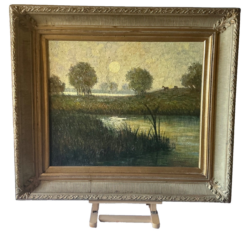 Framed Oil on Canvas Tonalist Moonlit Landscape & Horses Mid 20th Century Signed