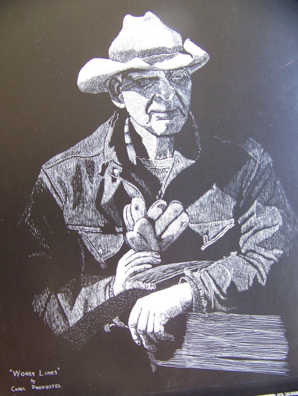 original scratchboard drawing etching western cowboy older man portrait