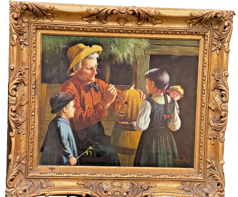 N Henry Bingham (American), Orig. Impressionist O/C "Carving A Pumpkin", Signed!