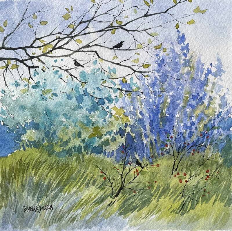Pamela Wilhelm original 7×7” Watercolor Blue Blooms Red Berries Birds Summer