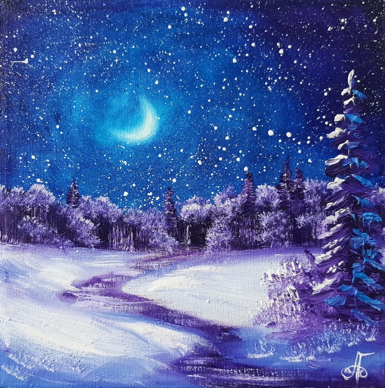 Original Oil Winter Night Landscape Painting Moonlit Snow Forest Canvas Art Mini